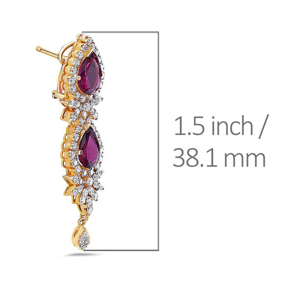 18K Yellow Gold  Tears Shaped Ladies Earrings With White Diamonds and Red Stone