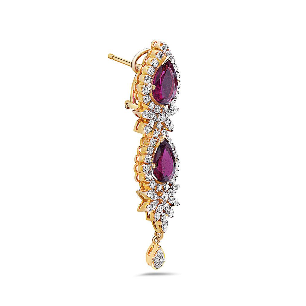18K Yellow Gold  Tears Shaped Ladies Earrings With White Diamonds and Red Stone
