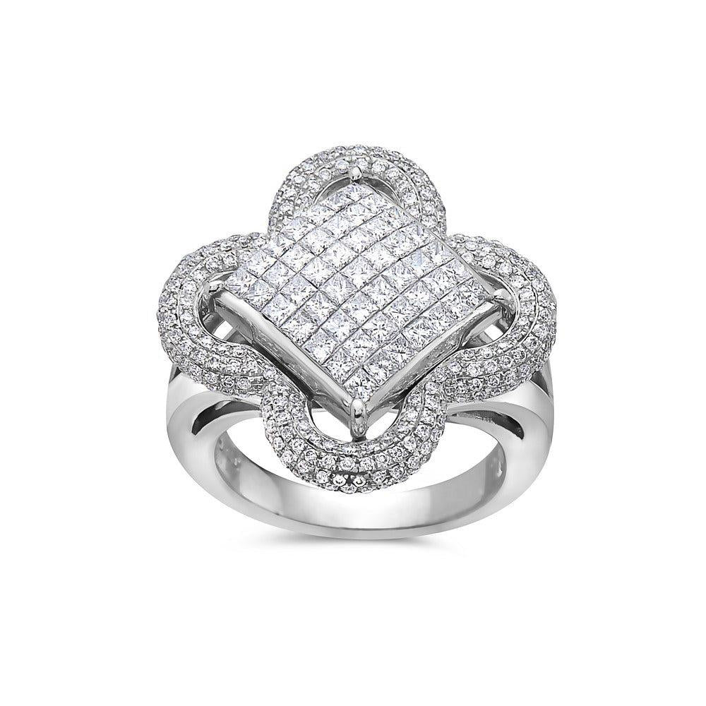 14K WHITE GOLD ROUND AND PRINCESS CUT DIAMOND RIGHT HAND CLOVER RING 2.40 CT