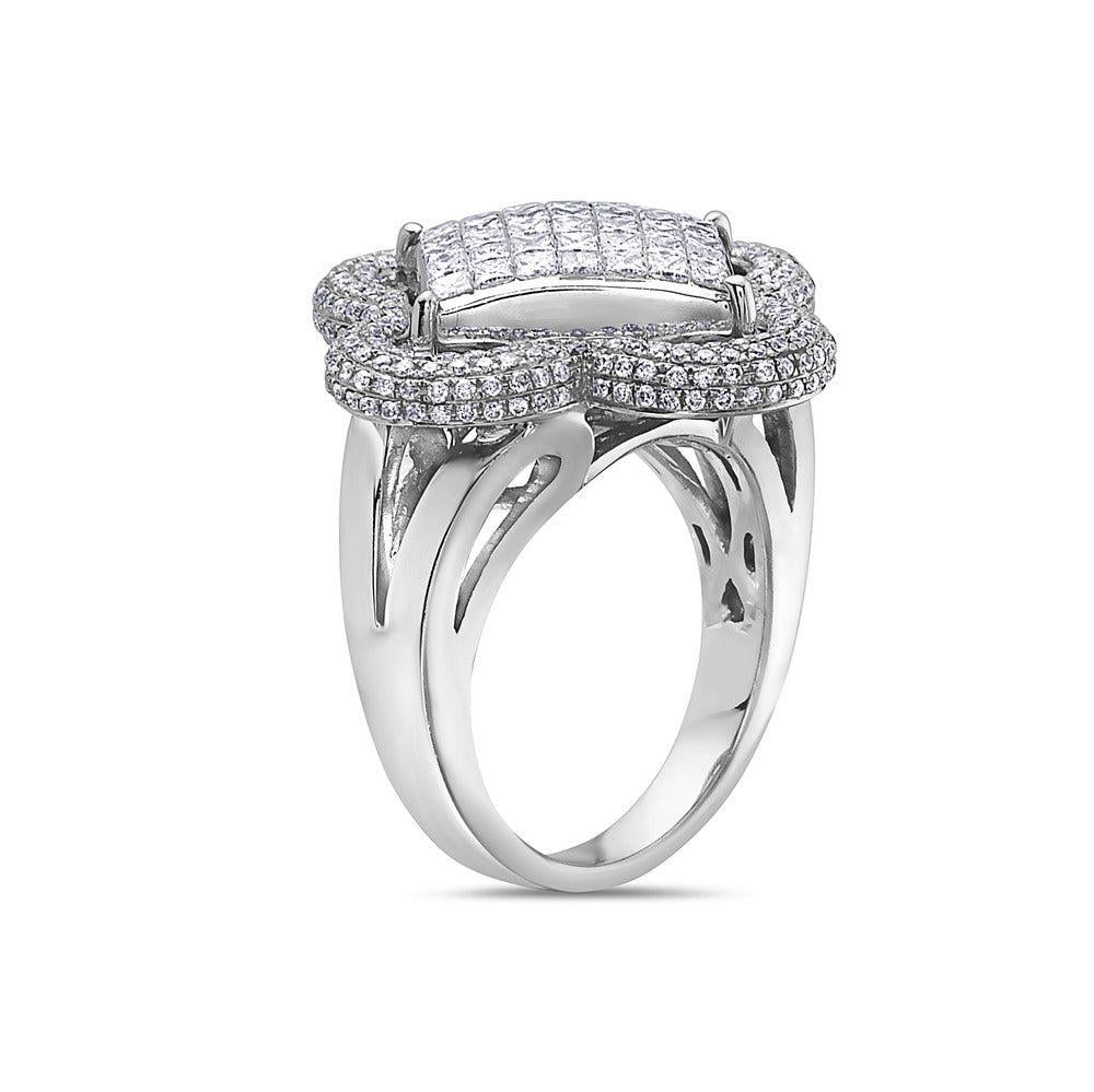 14K WHITE GOLD ROUND AND PRINCESS CUT DIAMOND RIGHT HAND CLOVER RING 2.40 CT