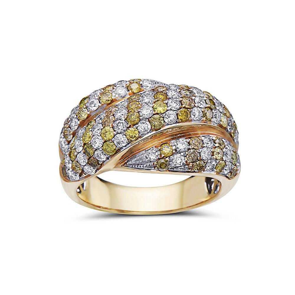 18K YELLOW GOLD WHITE & COLORED ROUND CUT DIAMOND RING 2.55 CT