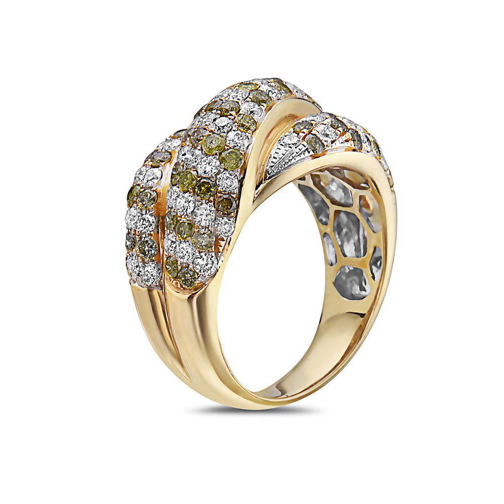 18K YELLOW GOLD WHITE & COLORED ROUND CUT DIAMOND RING 2.55 CT