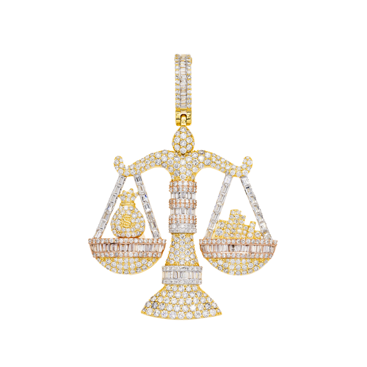 10K GOLD TRICOLOR BAGUETTE AND ROUND DIAMOND SCALE PENDANT 4.00 CT