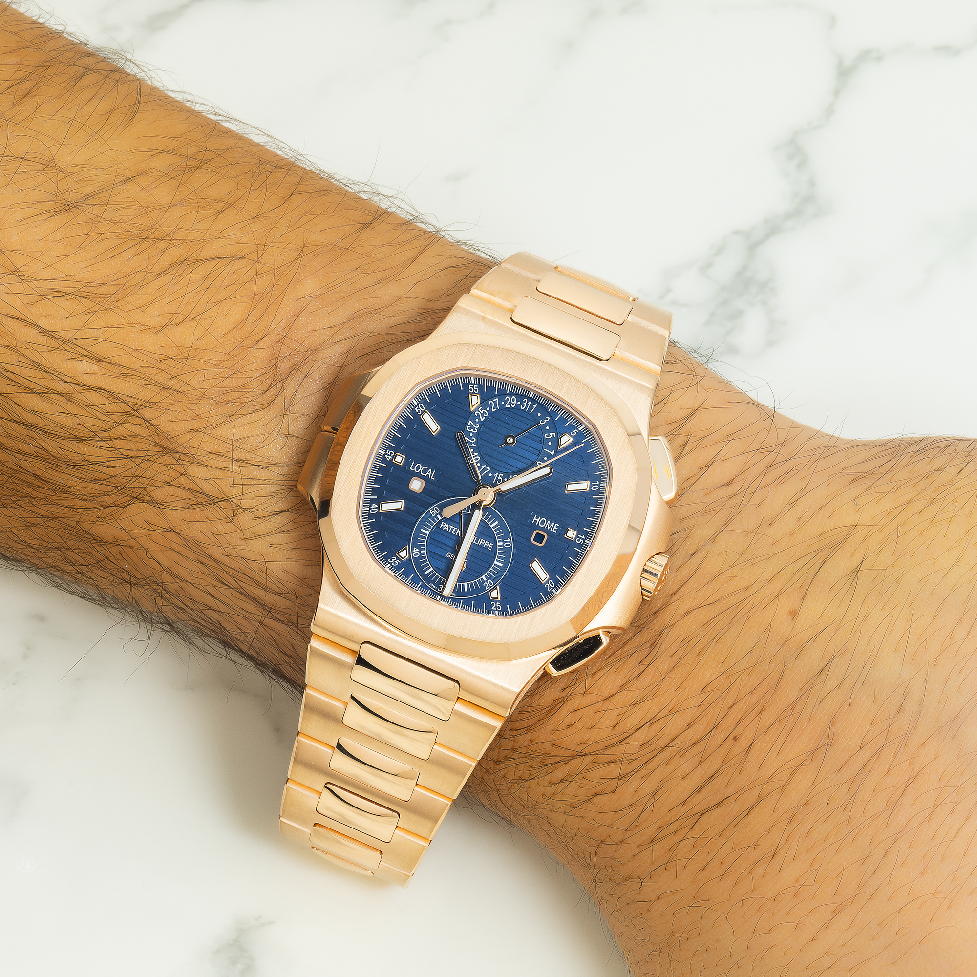 Patek Philippe Nautilus Self-Winding Travel Time Chronograph 5990 40.5MM Sunburst Blue Dial With Rose Gold Bracelet