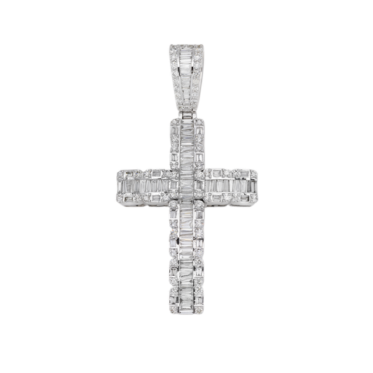 10K GOLD BAGUETTE AND ROUND DIAMOND CROSS PENDANT 2.84 CT