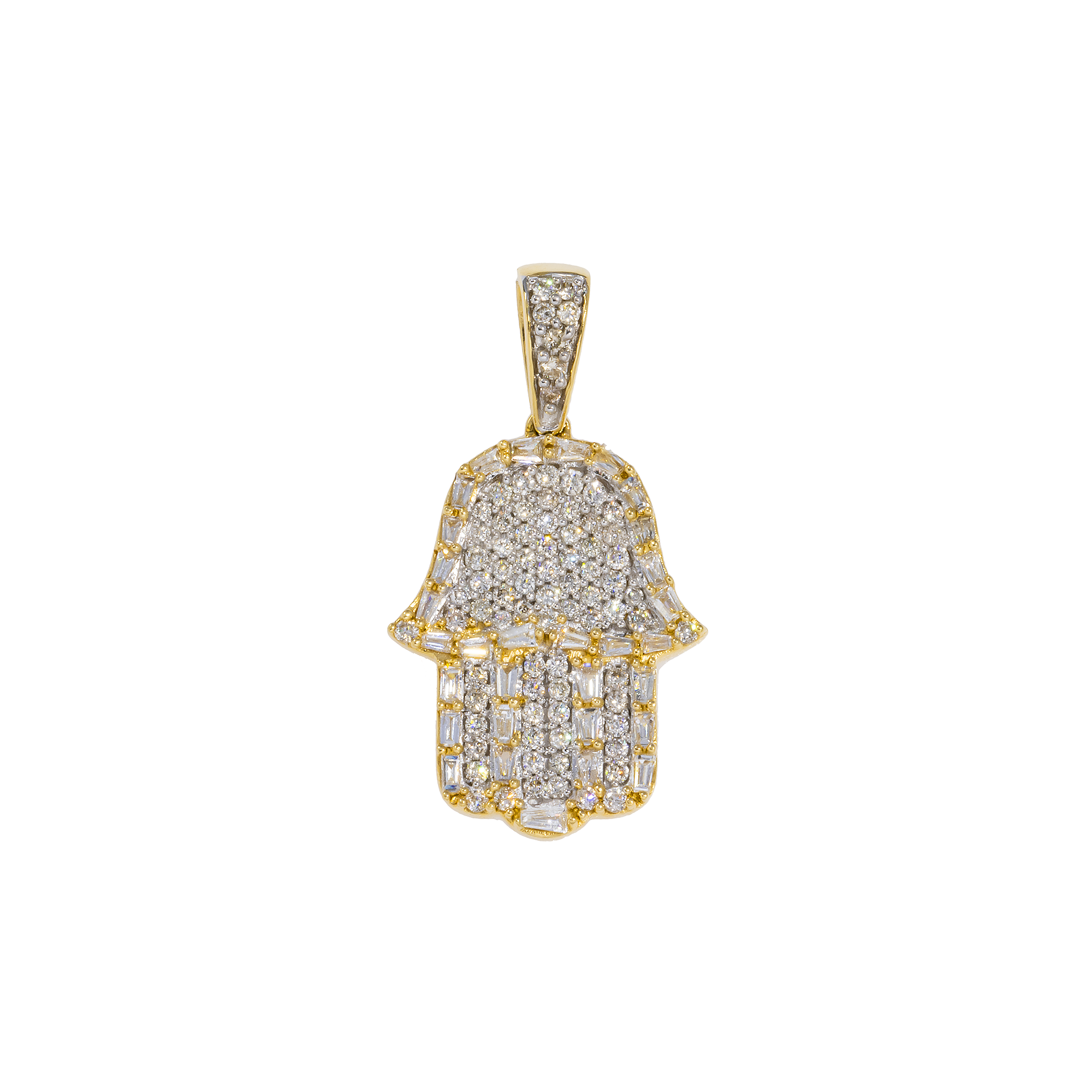 14K GOLD BAGUETTE AND ROUND DIAMOND HAMSA PENDANT 0.89 CT
