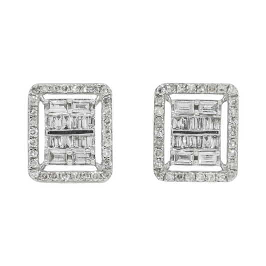 14K GOLD BAGUETTE AND ROUND DIAMOND SQUARE SHAPE EARRINGS 0.80 CTW