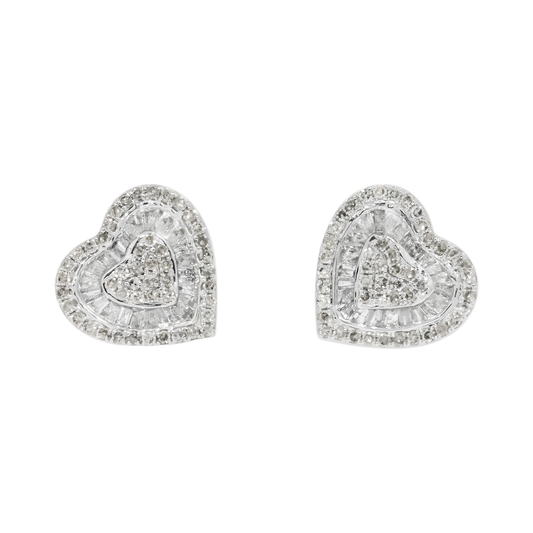 14K GOLD BAGUETTE AND ROUND DIAMOND HEART EARRINGS 1.12 CTW