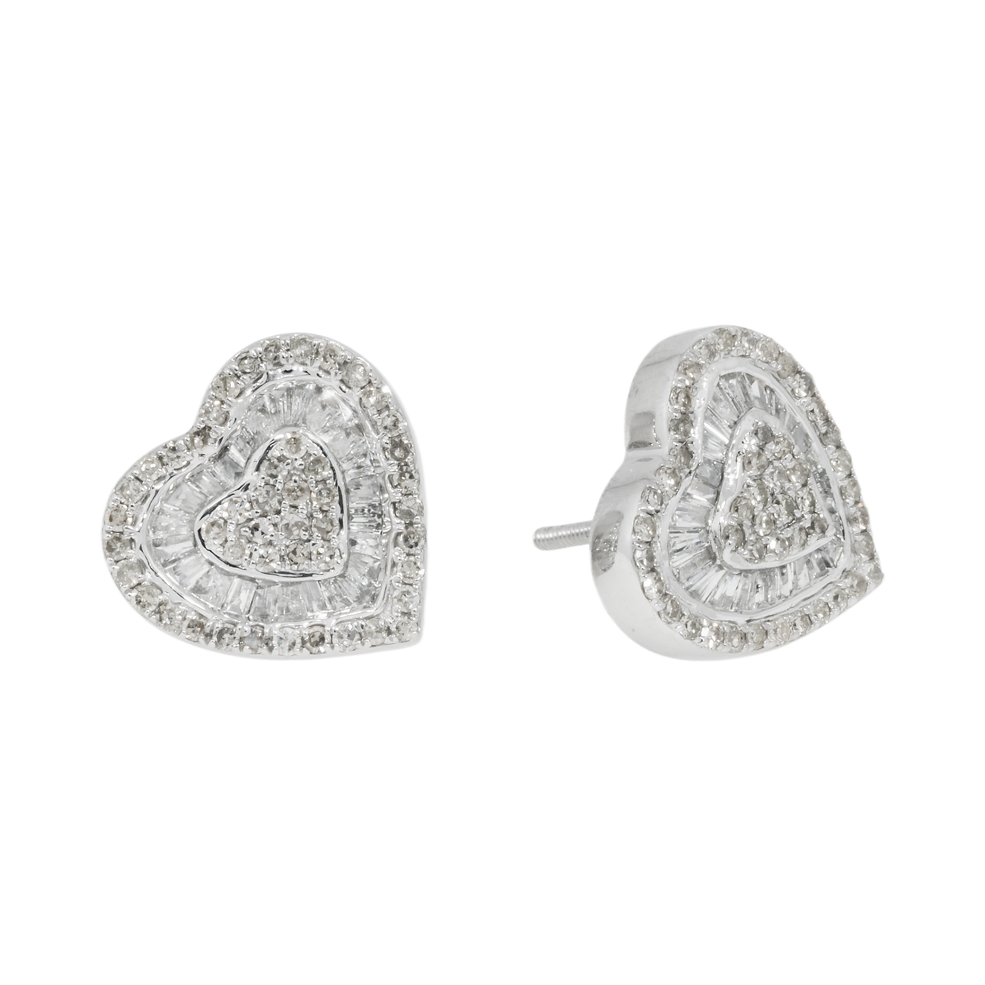 14K GOLD BAGUETTE AND ROUND DIAMOND HEART EARRINGS 1.12 CTW