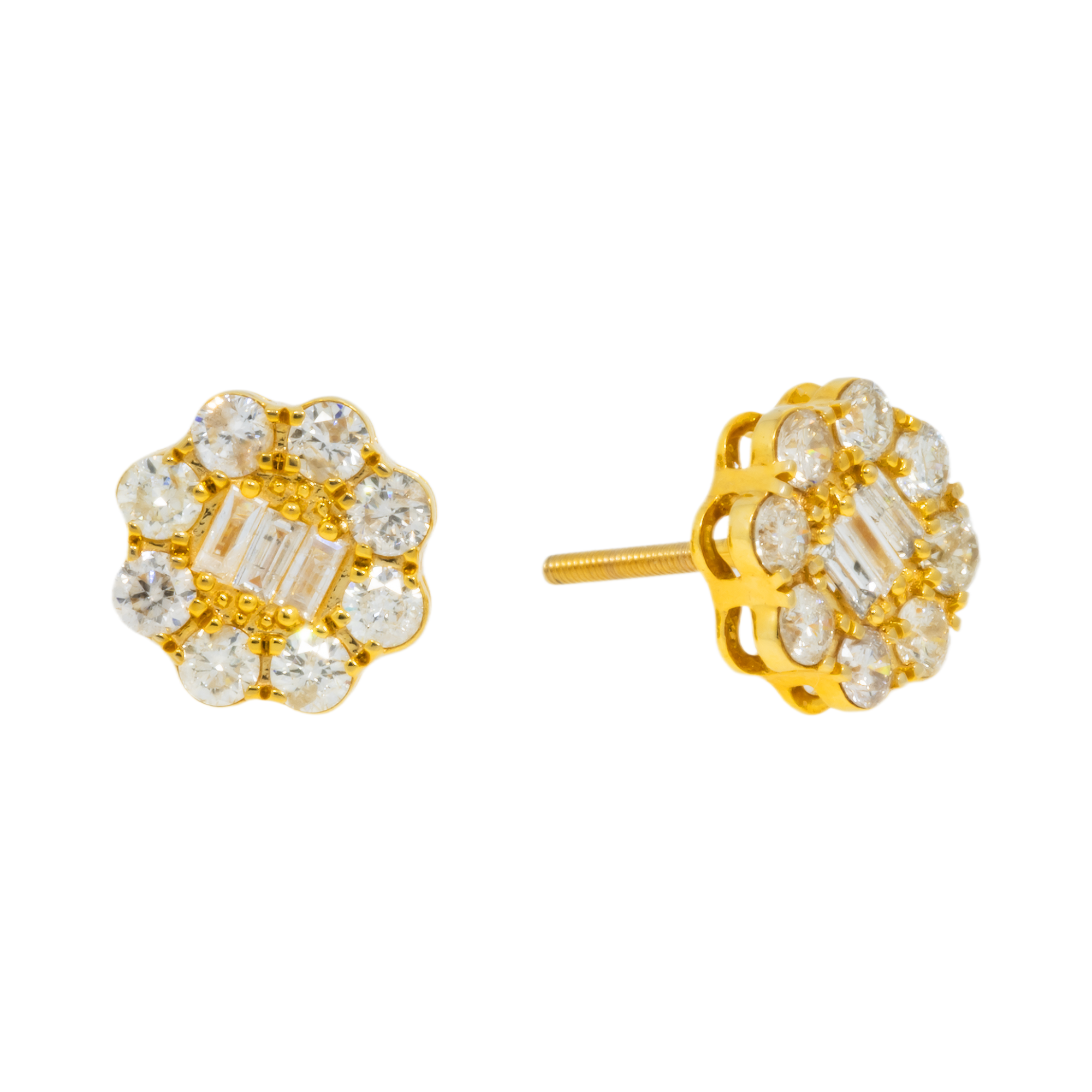 14K GOLD BAGUETTE AND ROUND DIAMOND EARRINGS 1.50 CTW