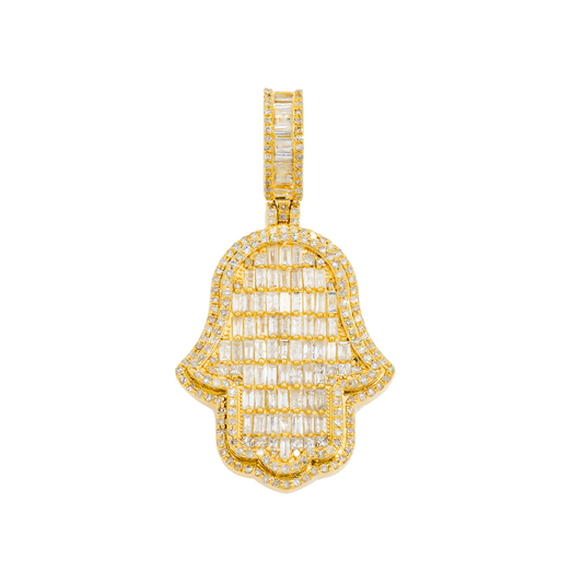 14K GOLD BAGUETTE AND ROUND DIAMOND HAMSA PENDANT 1.91 CT