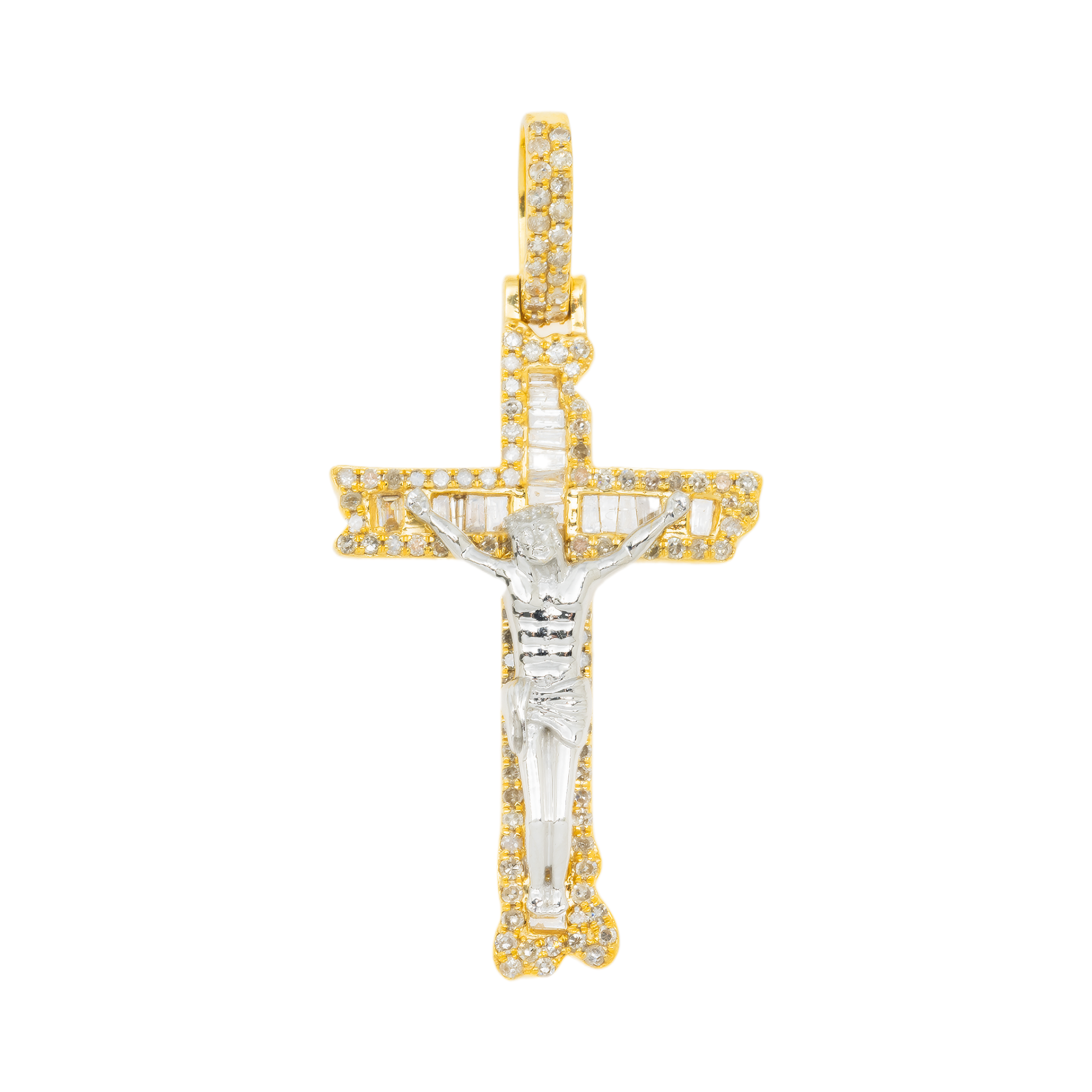 10K GOLD BAGUETTE AND ROUND DIAMOND CRUCIFIX PENDANT 1.27 CT