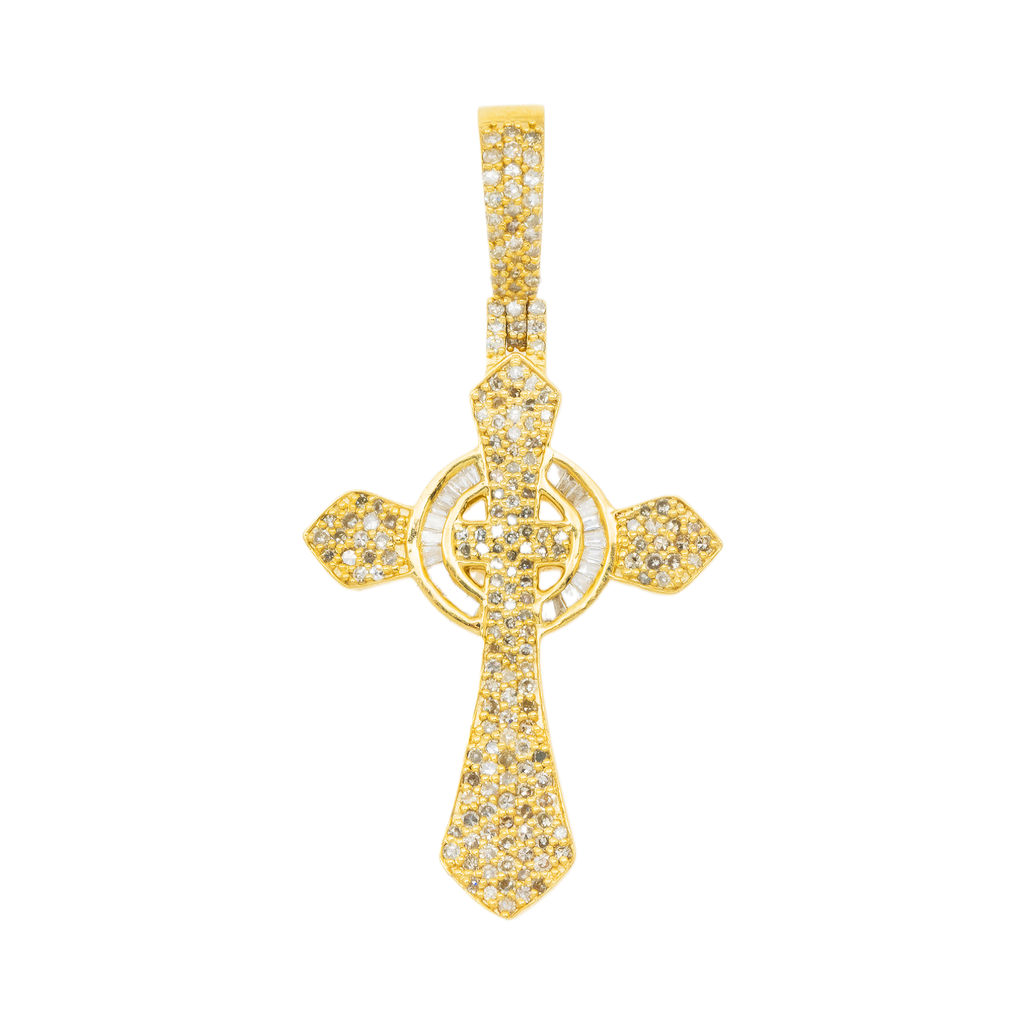 10K GOLD BAGUETTE AND ROUND DIAMOND CROSS PENDANT 0.89 CT