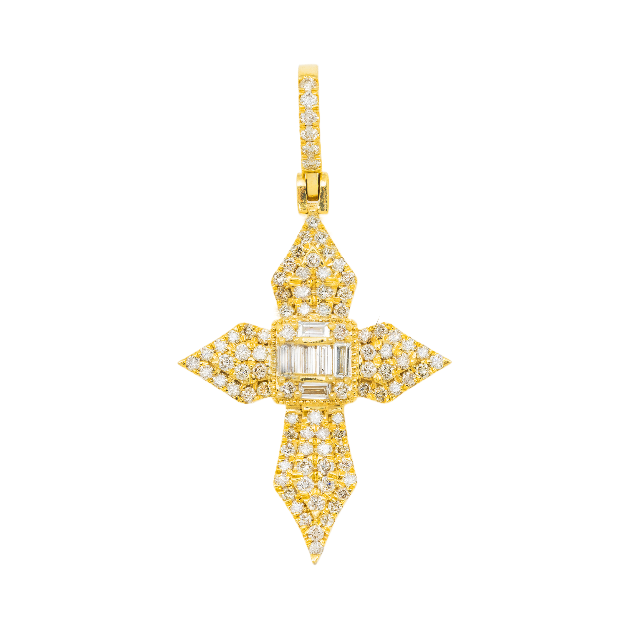 10K GOLD BAGUETTE AND ROUND DIAMOND CROSS PENDANT 1.93 CT