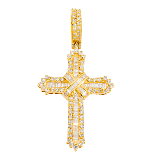 14K GOLD BAGUETTE AND ROUND DIAMOND CROSS PENDANT 2.33 CT