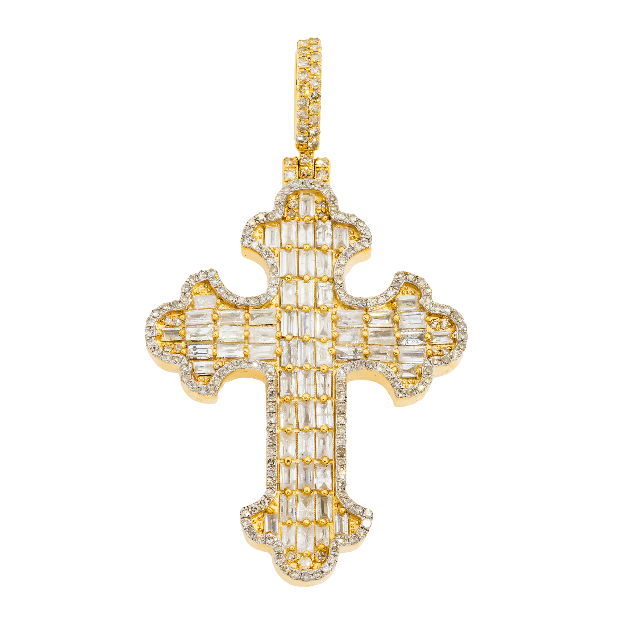 14K GOLD BAGUETTE AND ROUND DIAMOND CROSS PENDANT 2.96 CT