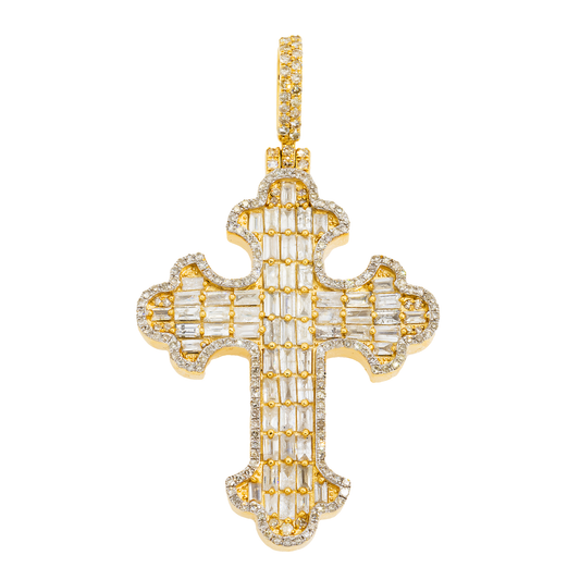 14K GOLD BAGUETTE AND ROUND DIAMOND CROSS PENDANT 2.96 CT