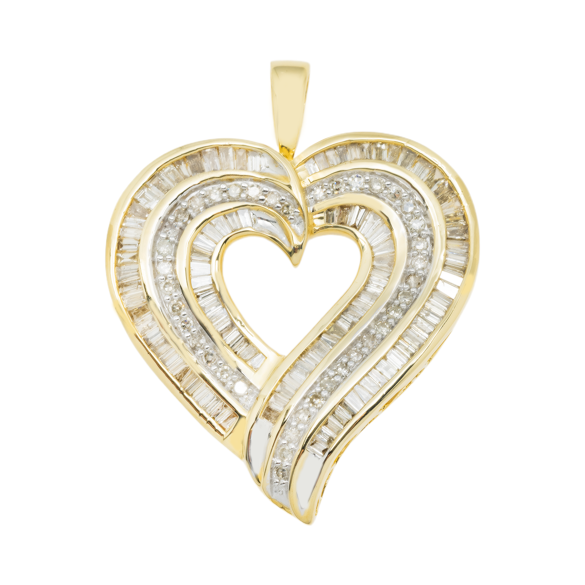10K GOLD BAGUETTE AND ROUND DIAMOND HEART PENDANT 2.50 CT
