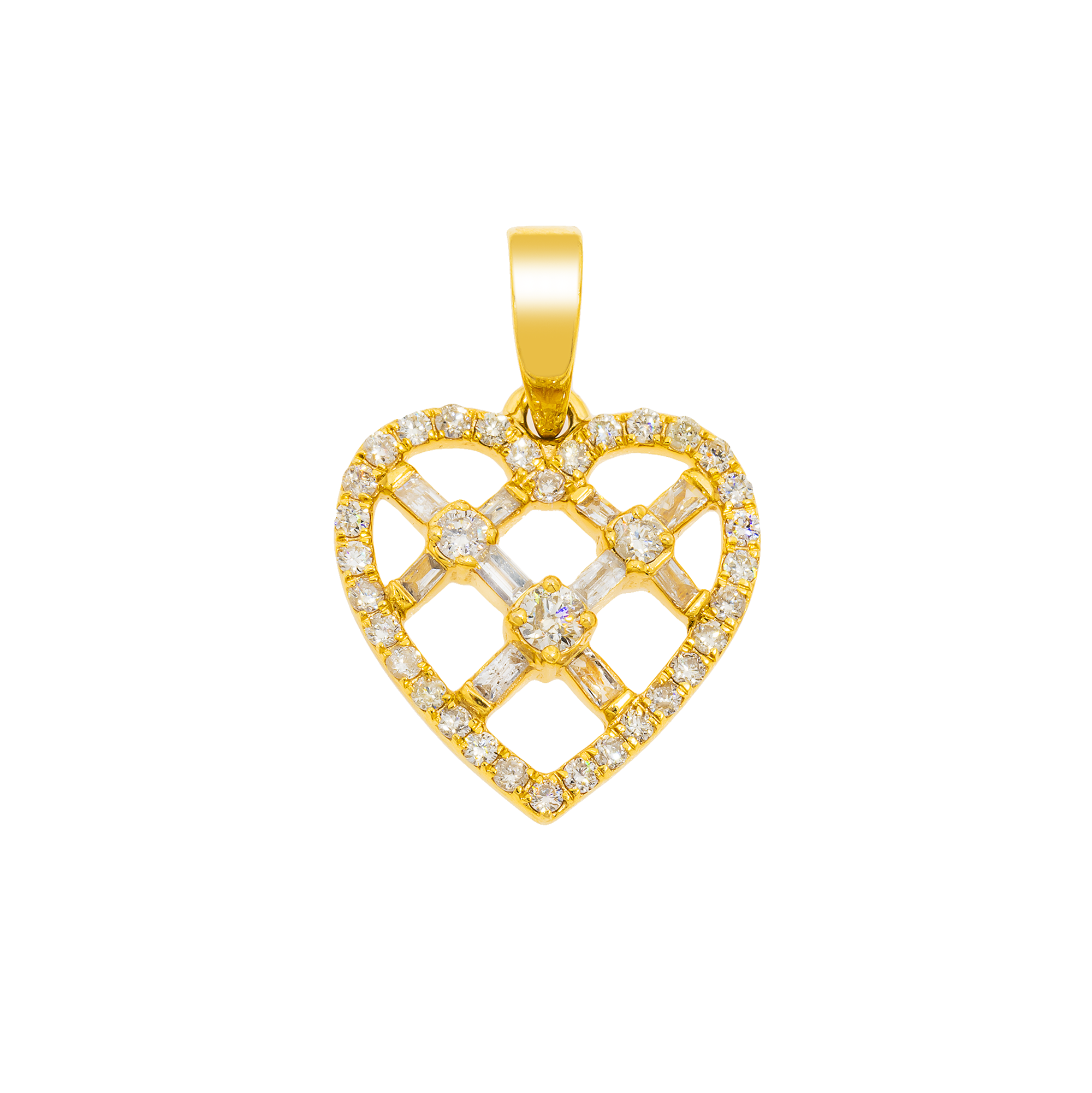 14K GOLD BAGUETTE AND ROUND DIAMOND OPEN HEART PENDANT 1.10 CT