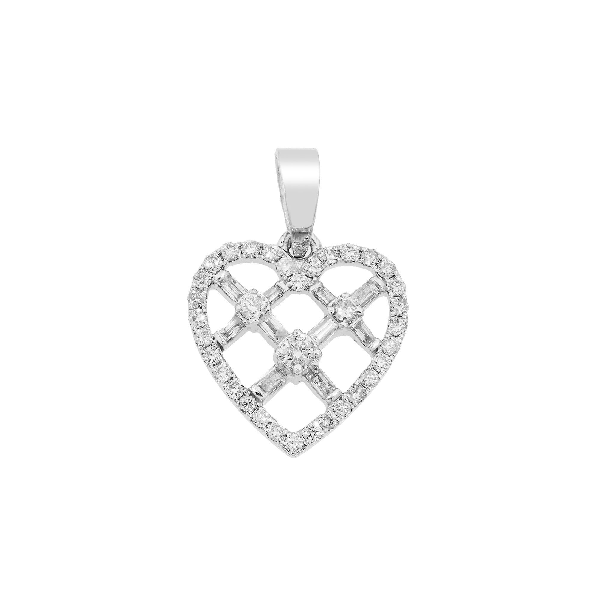 14K GOLD BAGUETTE AND ROUND DIAMOND OPEN HEART PENDANT 1.10 CT