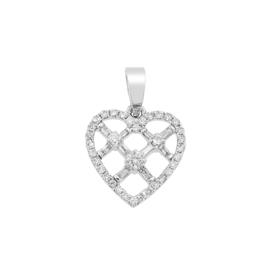 14K GOLD BAGUETTE AND ROUND DIAMOND OPEN HEART PENDANT 1.10 CT