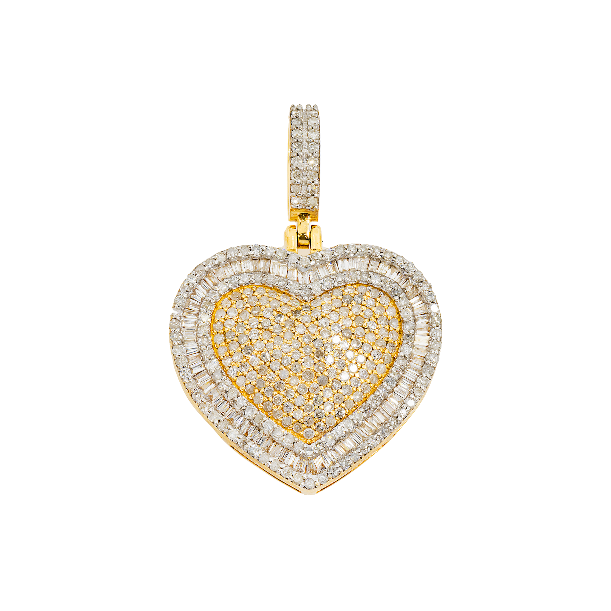 14K GOLD BAGUETTE AND ROUND DIAMOND HEART PENDANT 2.10 CT