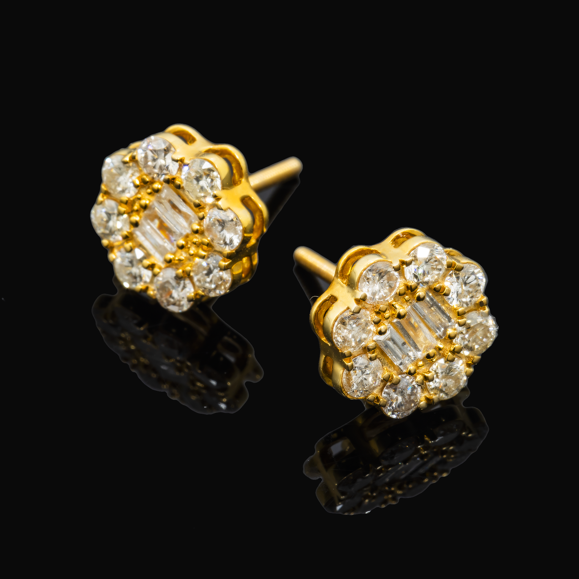 14K GOLD BAGUETTE AND ROUND DIAMOND EARRINGS 1.50 CTW