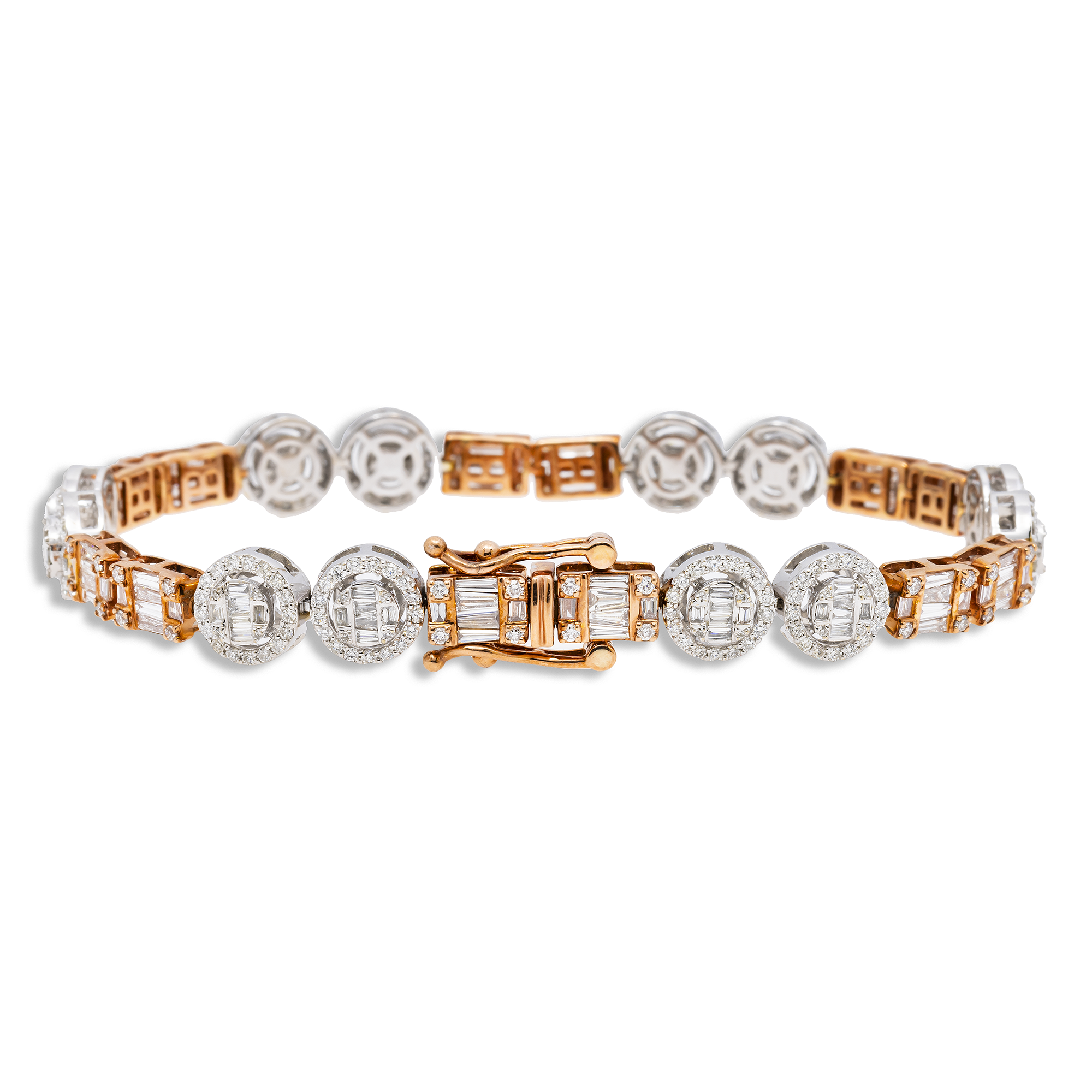 10K GOLD BAGUETTE AND ROUND DIAMONDS TWO TONE BRACELET 5.90 CT