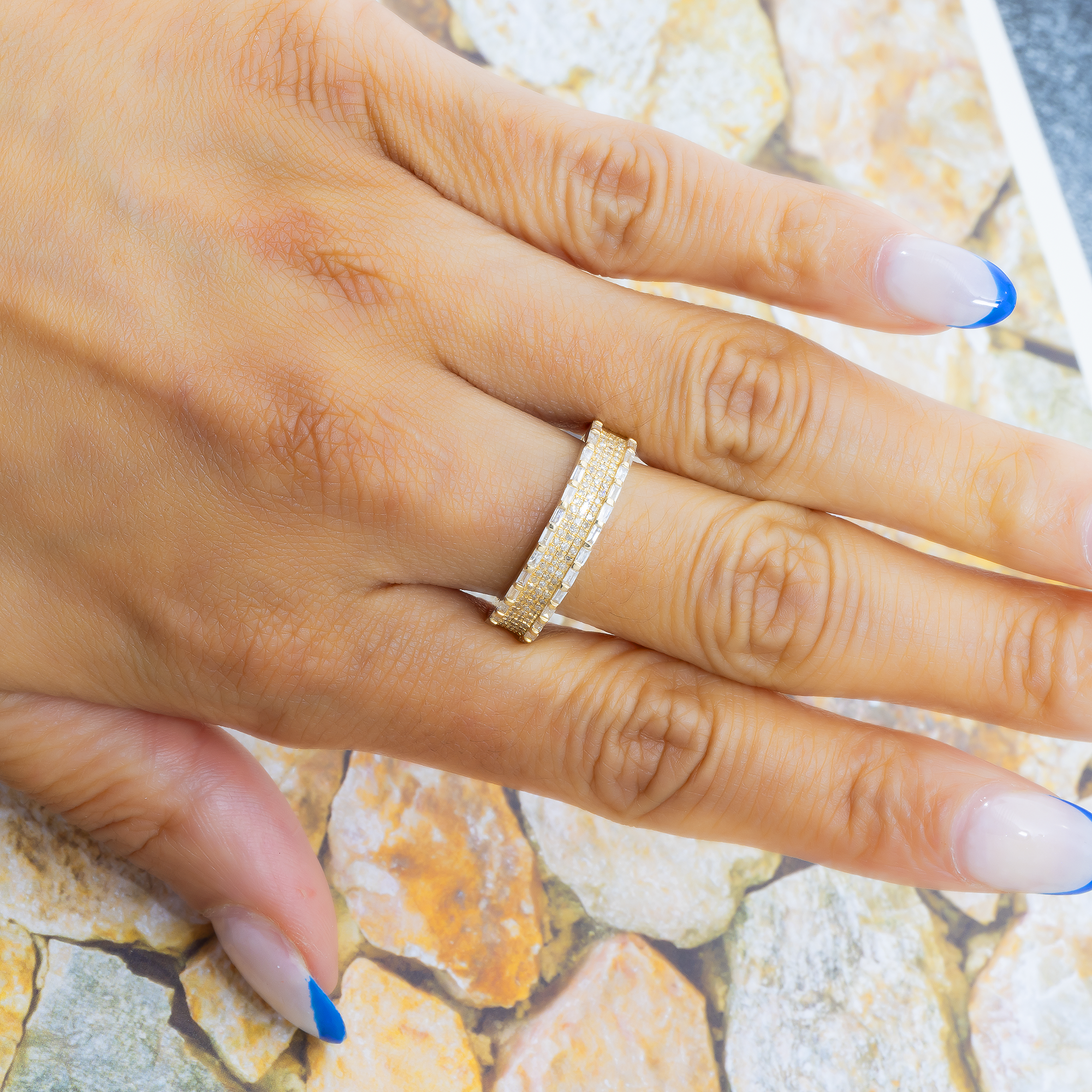 14K GOLD MULTI ROW BAGUETTE AND ROUND DIAMOND STATEMENT BAND RING 0.70 CT