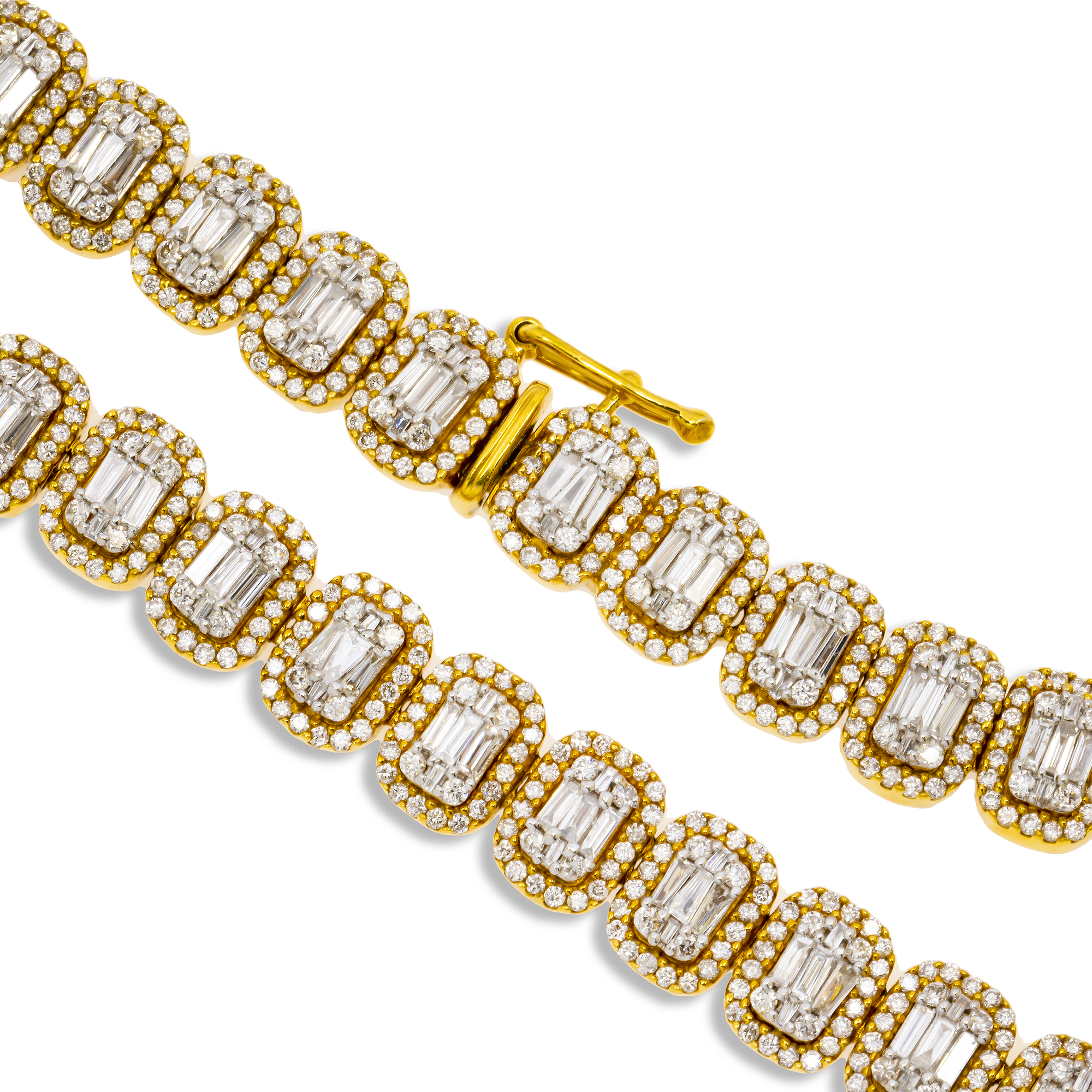 14K GOLD BAGUETTE CLUSTER AND ROUND DIAMOND HALO CHAIN 19.50 CTW