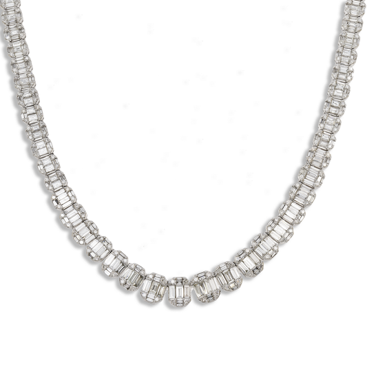 14K GOLD GRADUATED BAGUETTE OVAL DIAMOND CLUSTER CHAIN 21.50 CT