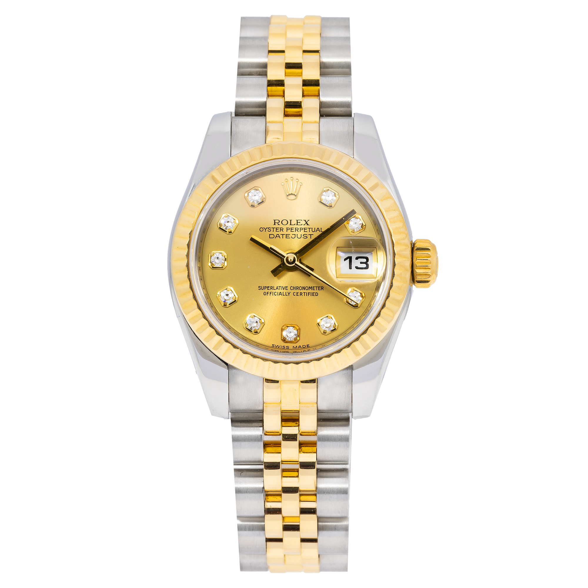 ROLEX DATEJUST DIAMOND WATCH, 179173 26MM, CHAMPAGNE DIAMOND DIAL AND 2 TONE JUBILEE BRACELET.