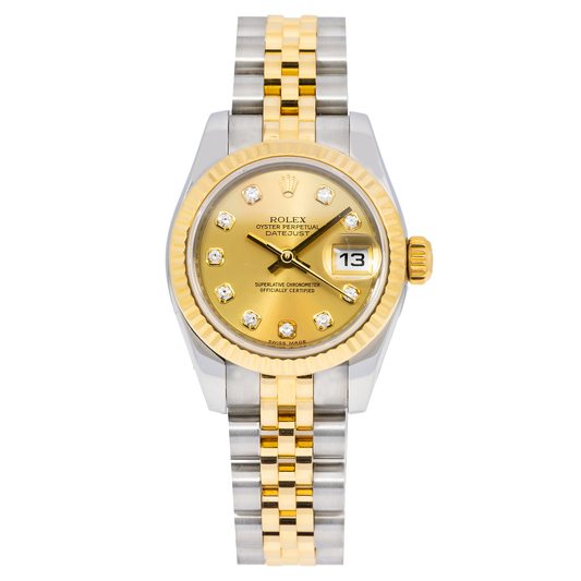 ROLEX DATEJUST DIAMOND WATCH, 179173 26MM, CHAMPAGNE DIAMOND DIAL AND 2 TONE JUBILEE BRACELET.