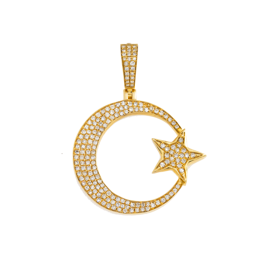 14K GOLD DIAMOND CRESCENT MOON AND STAR PENDANT 1.04 CT