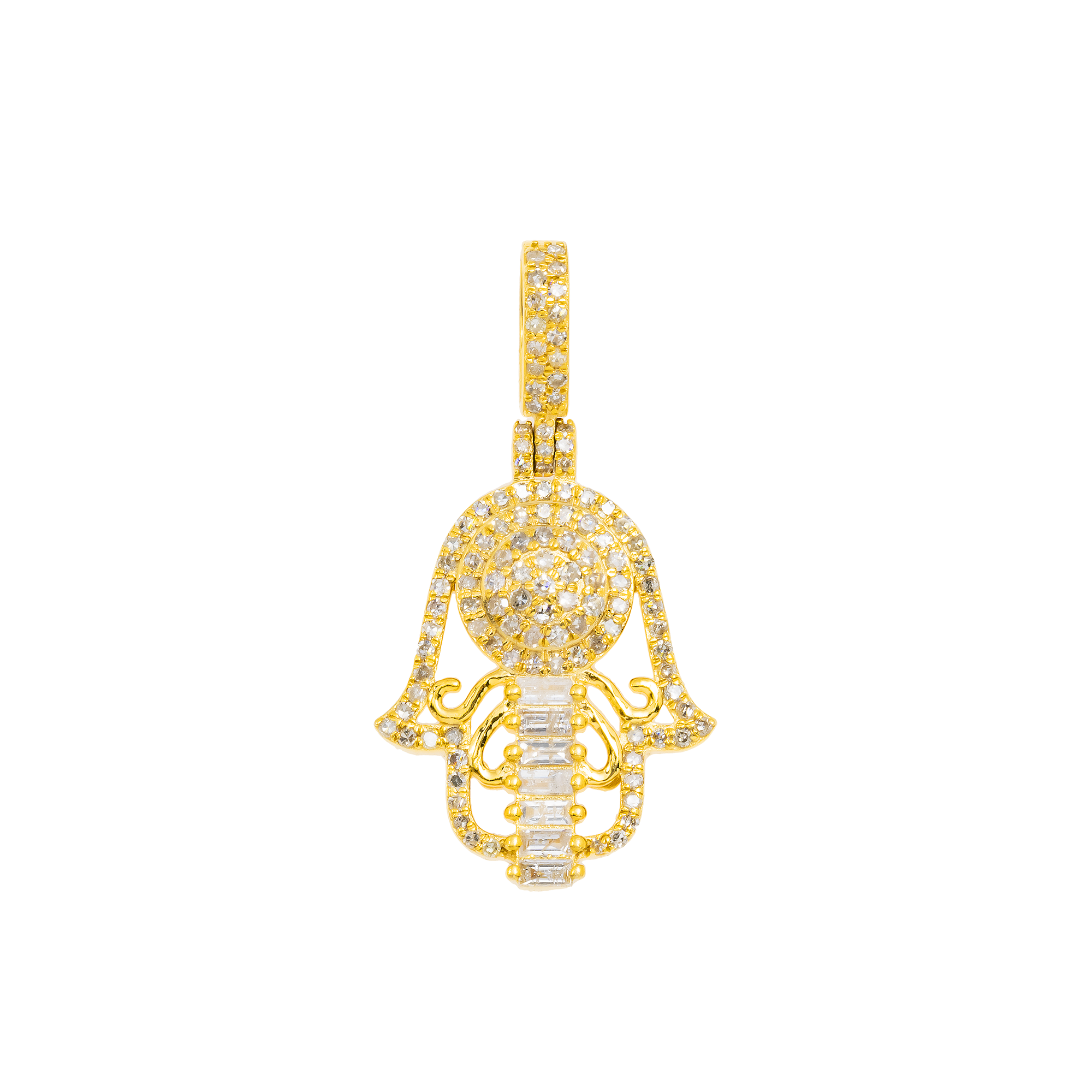 14K GOLD BAGUETTE AND ROUND DIAMOND HAMSA PENDANT 0.81 CT