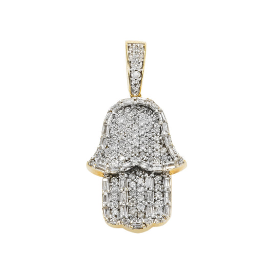 10K GOLD BAGUETTE AND ROUND DIAMOND HAMSA PENDANT 1.48 CT