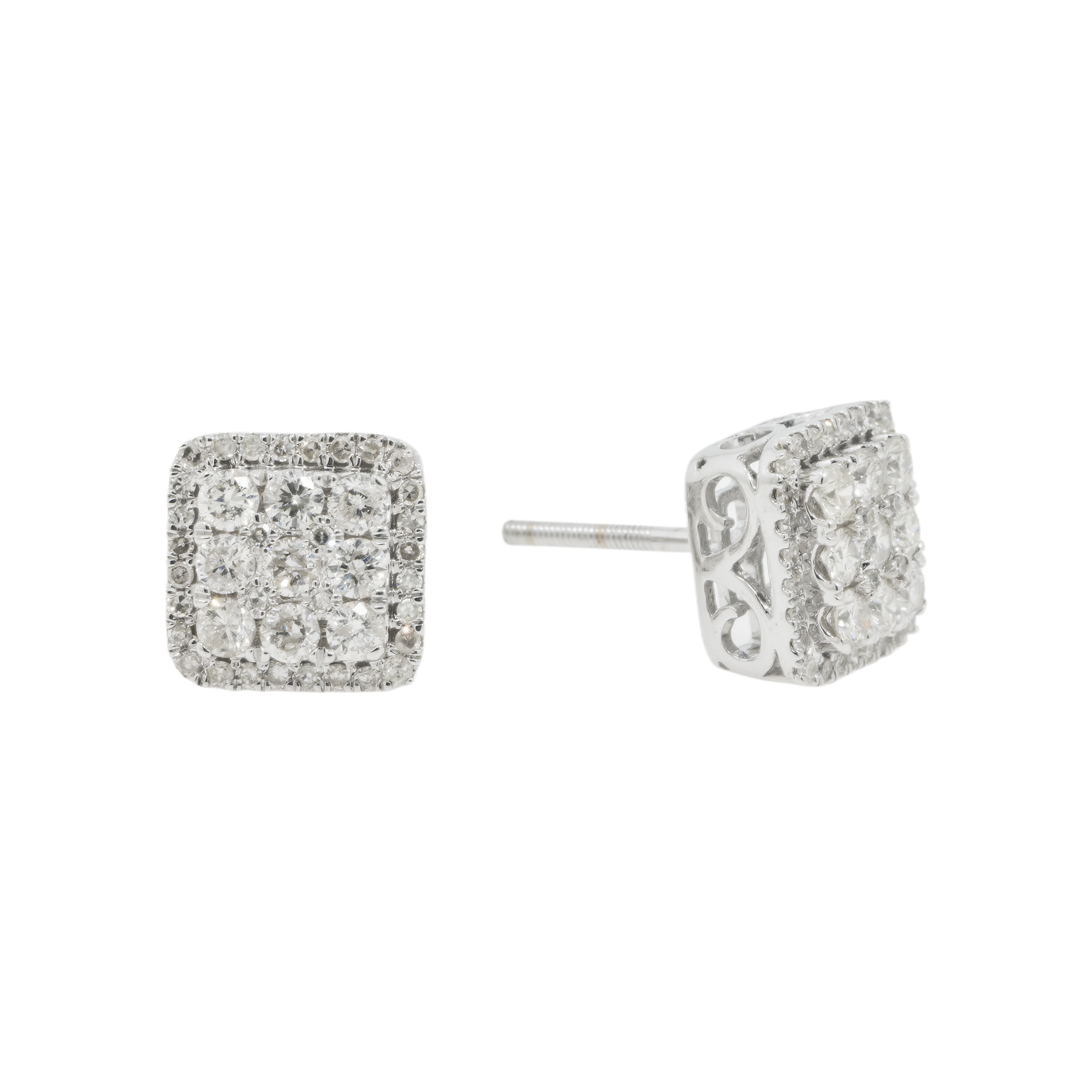 14K GOLD ROUND DIAMOND CLUSTER SQUARE SHAPE EARRINGS 1.24 CTW