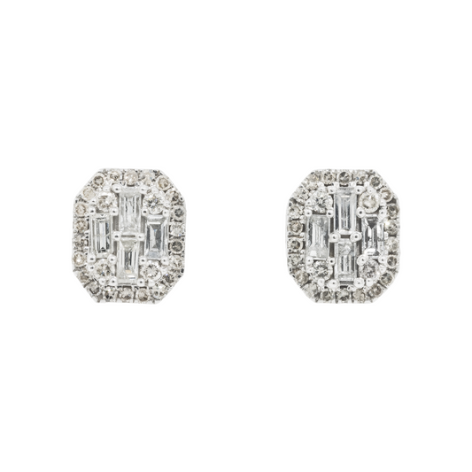 14K GOLD BAGUETTE AND ROUND DIAMOND EARRINGS 0.89 CTW