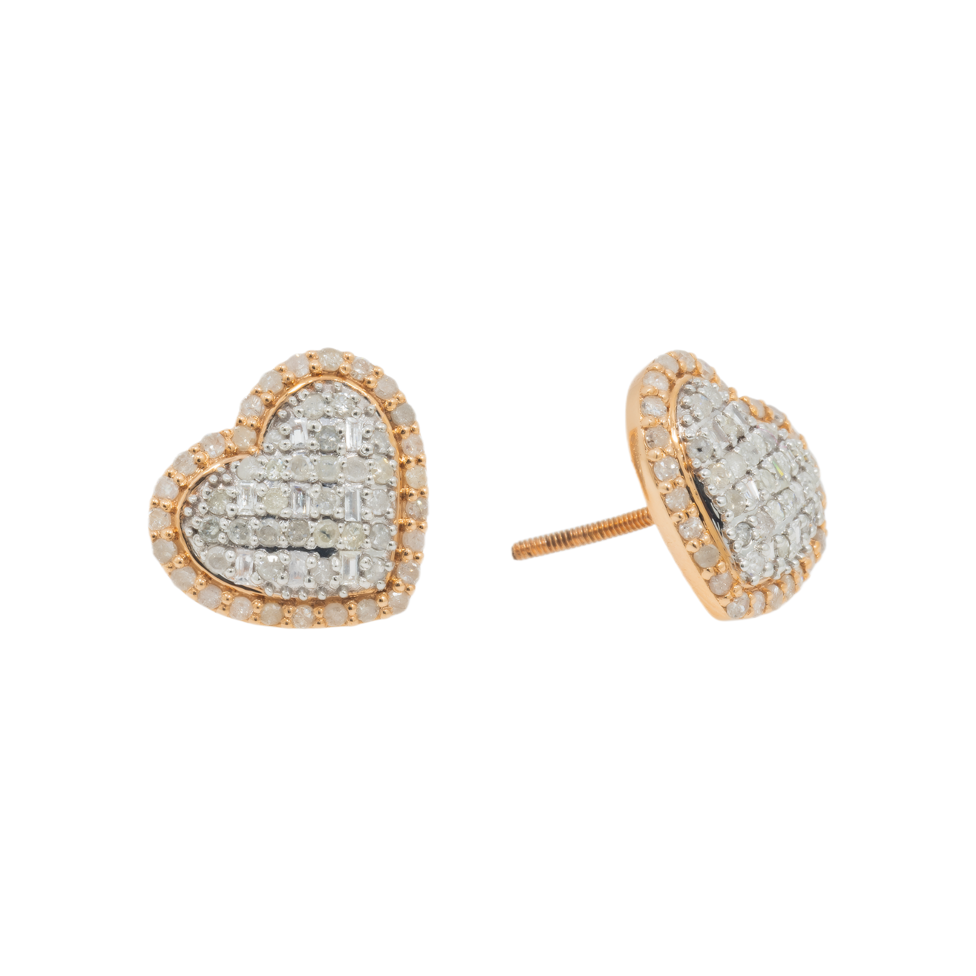 14K GOLD BAGUETTE AND ROUND DIAMOND HEART EARRINGS 0.92 CTW