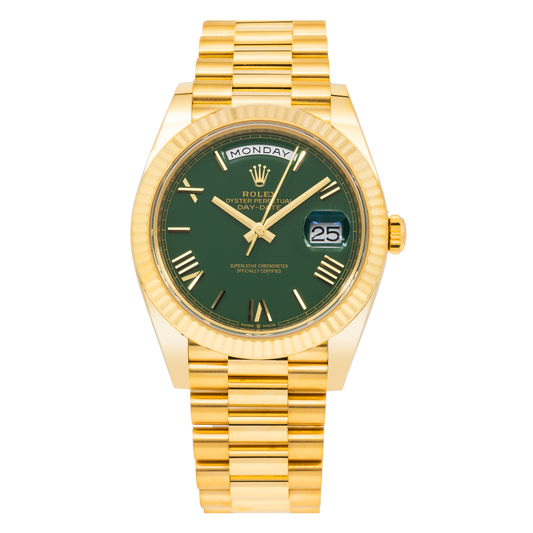 Rolex Day-Date 228238 40MM Green Roman Dial And Fluted Bezel With Yellow Gold Presidential Bracelet