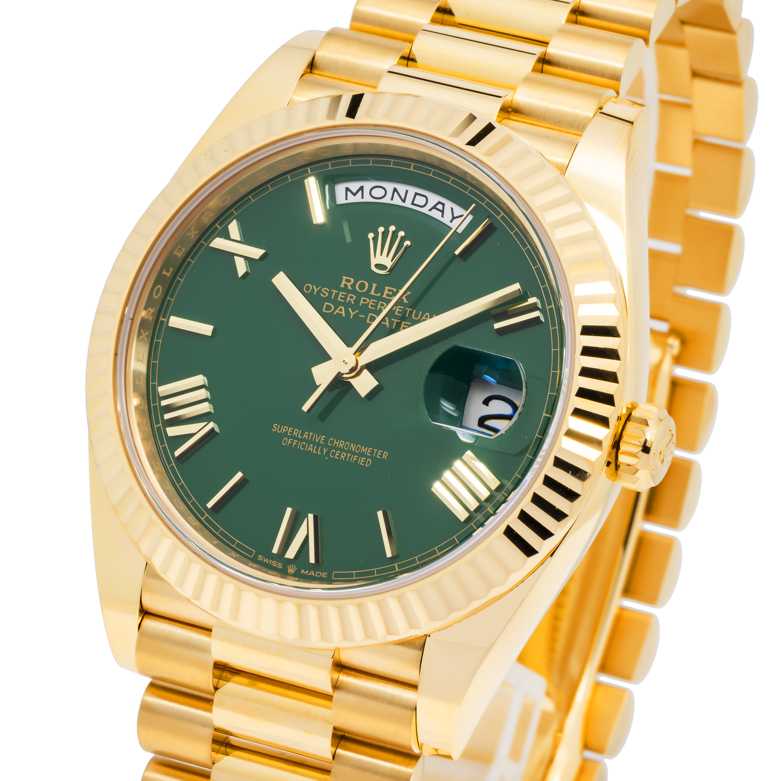 Rolex Day-Date 228238 40MM Green Roman Dial And Fluted Bezel With Yellow Gold Presidential Bracelet