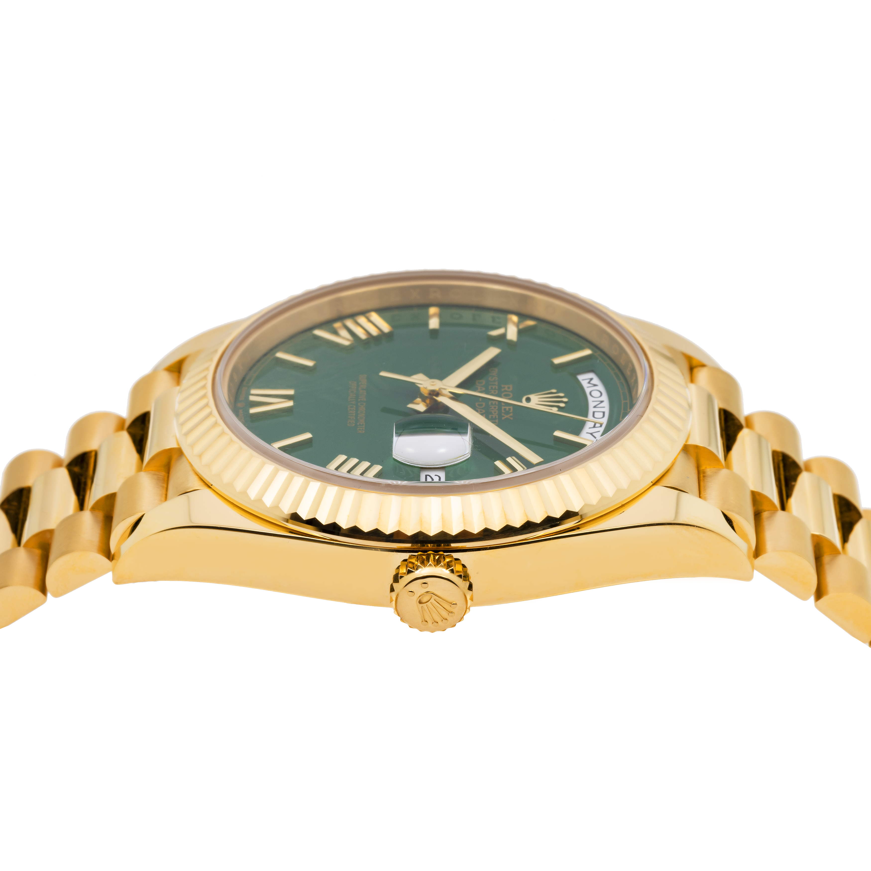 Rolex Day-Date 228238 40MM Green Roman Dial And Fluted Bezel With Yellow Gold Presidential Bracelet