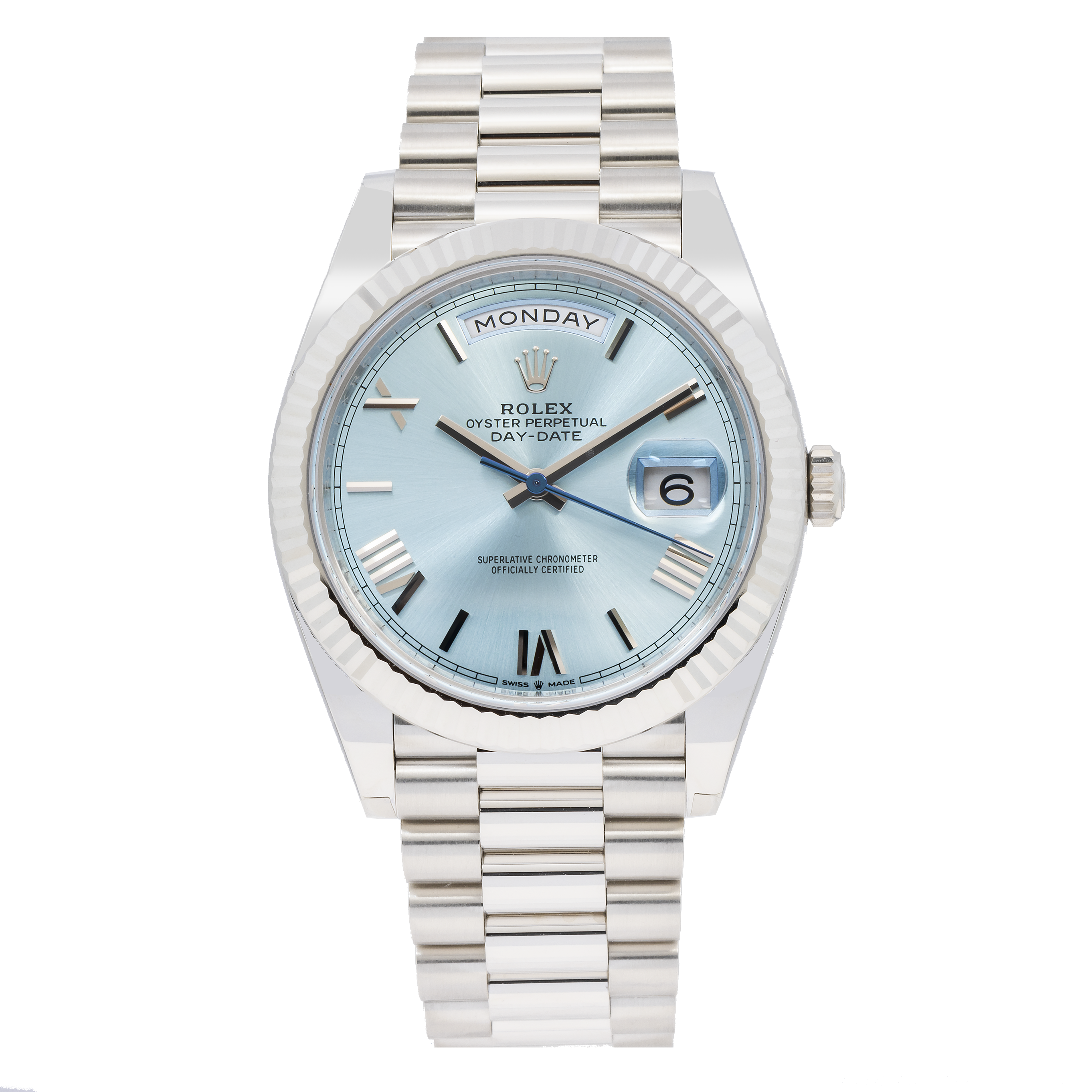 ROLEX DAY-DATE 40 PRESIDENT PLATINUM ICE BLUE INDEX DIAL 228236 WITH PLATINUM PRESIDENT OYSTER BRACELET