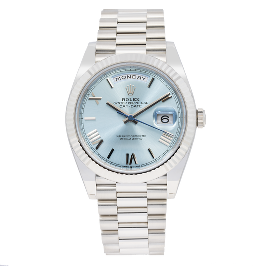 ROLEX DAY-DATE 40 PRESIDENT PLATINUM ICE BLUE INDEX DIAL 228236 WITH PLATINUM PRESIDENT OYSTER BRACELET