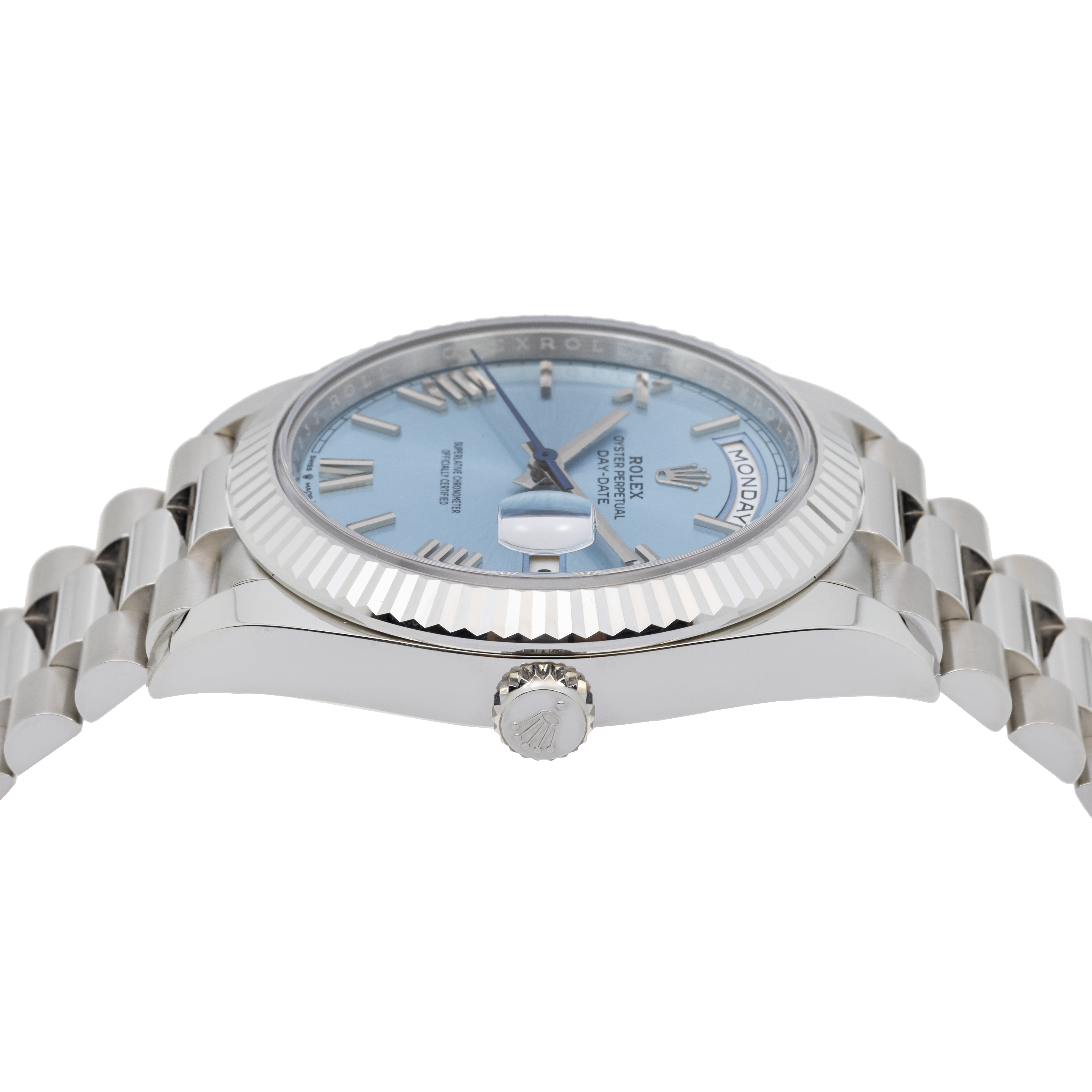 ROLEX DAY-DATE 40 PRESIDENT PLATINUM ICE BLUE INDEX DIAL 228236 WITH PLATINUM PRESIDENT OYSTER BRACELET