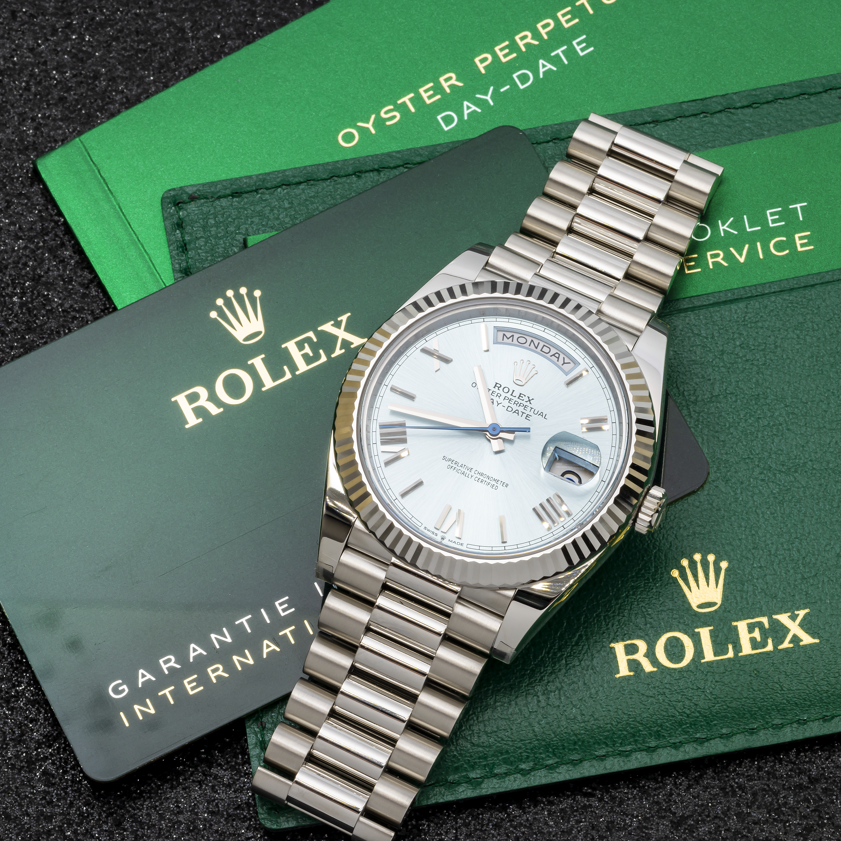 ROLEX DAY-DATE 40 PRESIDENT PLATINUM ICE BLUE INDEX DIAL 228236 WITH PLATINUM PRESIDENT OYSTER BRACELET