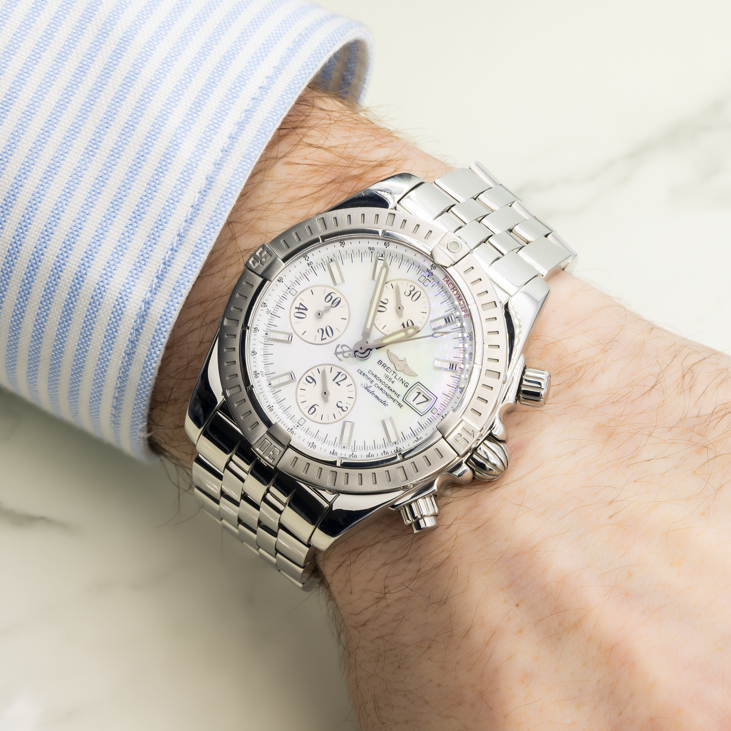 BREITLING CHRONOMAT EVOLUTION A13356 44MM WHITE DIAL WITH STAINLESS STEEL BRACELET