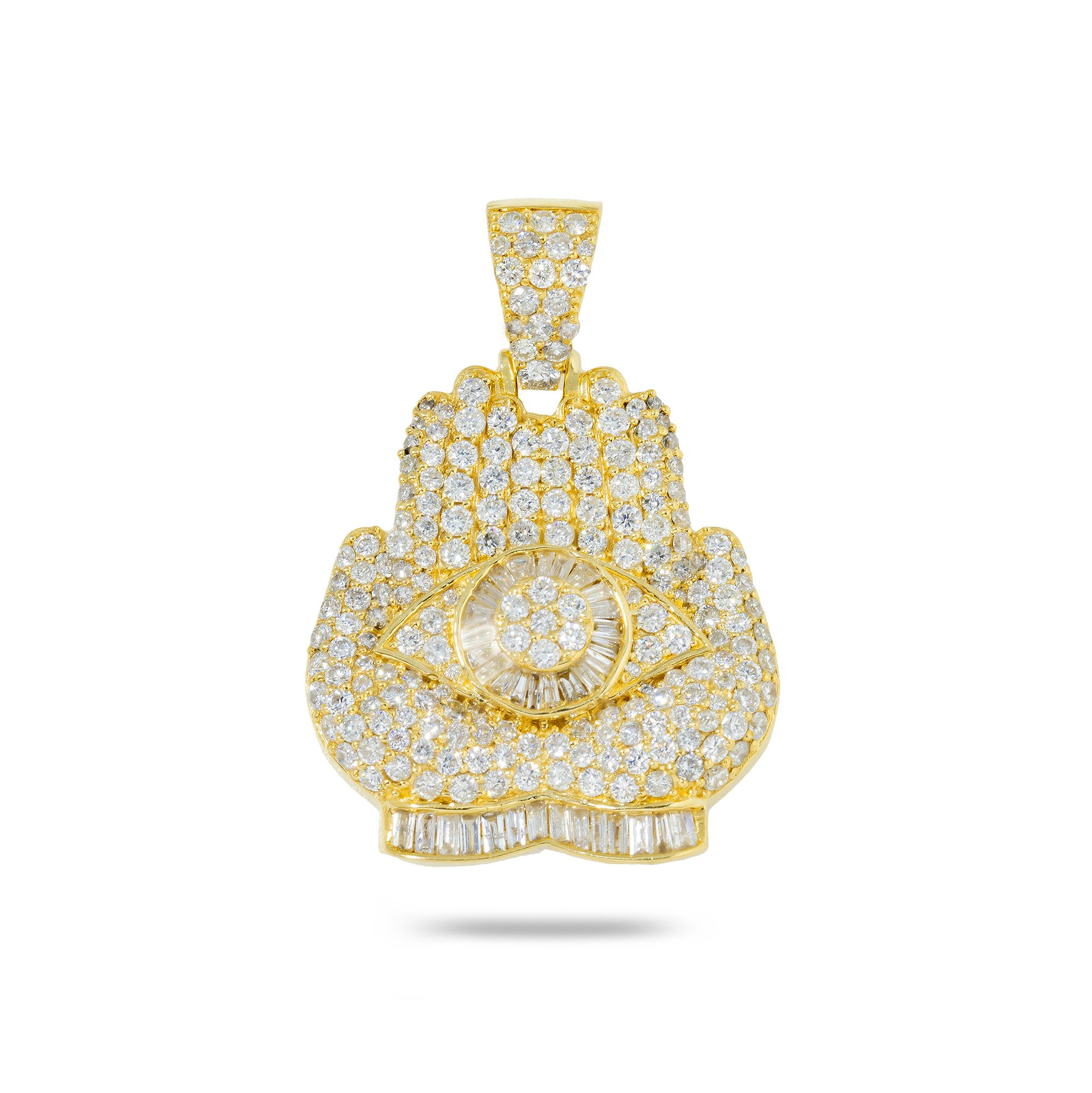 14K GOLD BAGUETTE AND ROUND DIAMOND PRAYING HAMSA HANDS AND EVIL EYE PENDANT 2.60 CT