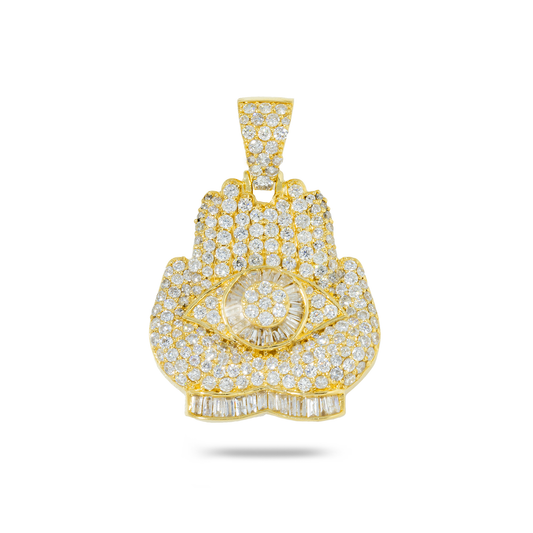 14K GOLD BAGUETTE AND ROUND DIAMOND PRAYING HAMSA HANDS AND EVIL EYE PENDANT 2.60 CT