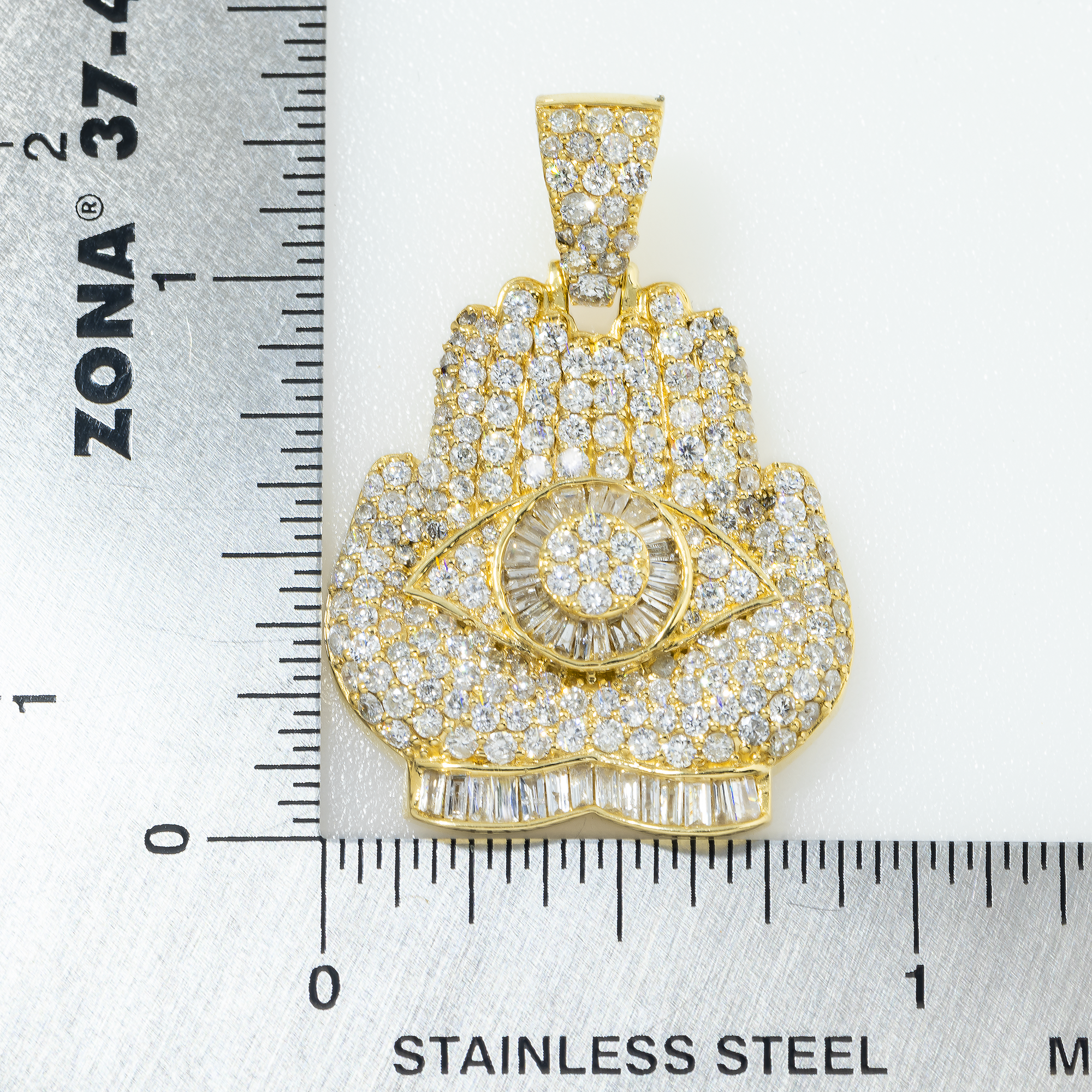 14K GOLD BAGUETTE AND ROUND DIAMOND PRAYING HAMSA HANDS AND EVIL EYE PENDANT 2.60 CT